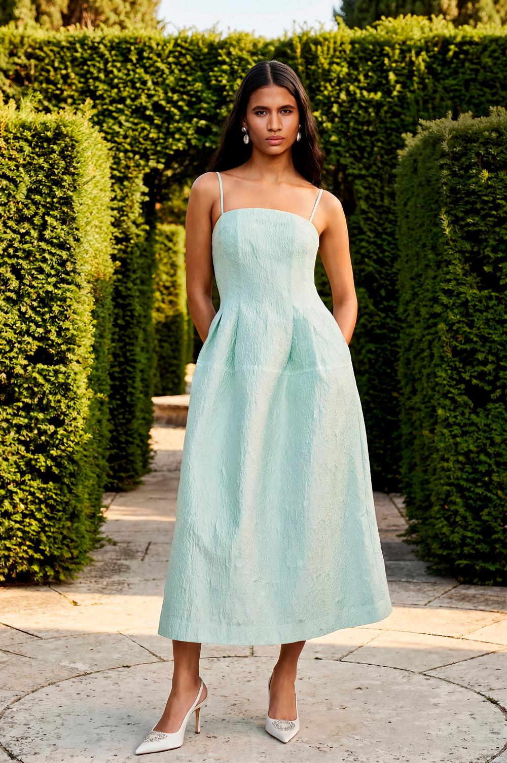 Mint Green Textured Brocade A-line Midi Dress Mint Green Textured Brocade A-line Midi Dress — Aesthetic Pastel Dress