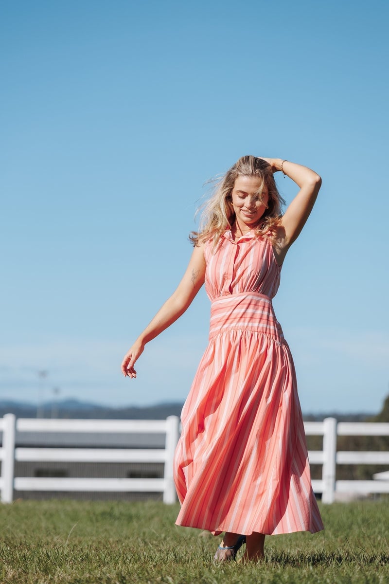 Coral and White Striped Sleeveless Midi Dress, Close-Up Take Coral and White Striped Sleeveless Midi Dress, Close-Up Take — Aesthetic Pastel Dress