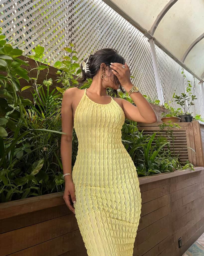 Pale Yellow Textured Knit Fitted Midi Dress, Close-Up Take Pale Yellow Textured Knit Fitted Midi Dress, Close-Up Take — Aesthetic Pastel Dress