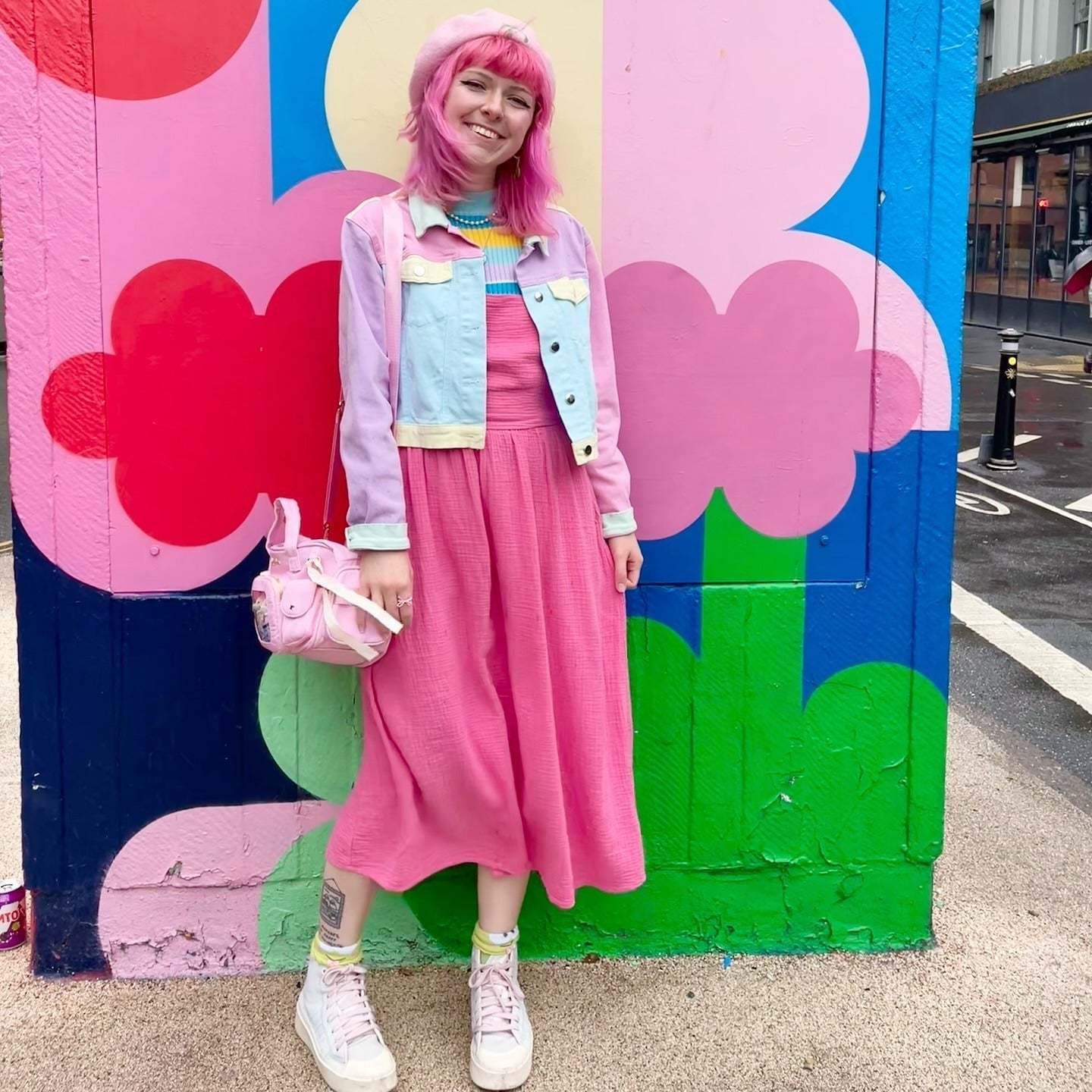 Pink Midi Dress with Color-Block Denim Jacket Pink Midi Dress with Color-Block Denim Jacket — Aesthetic Pastel Dress