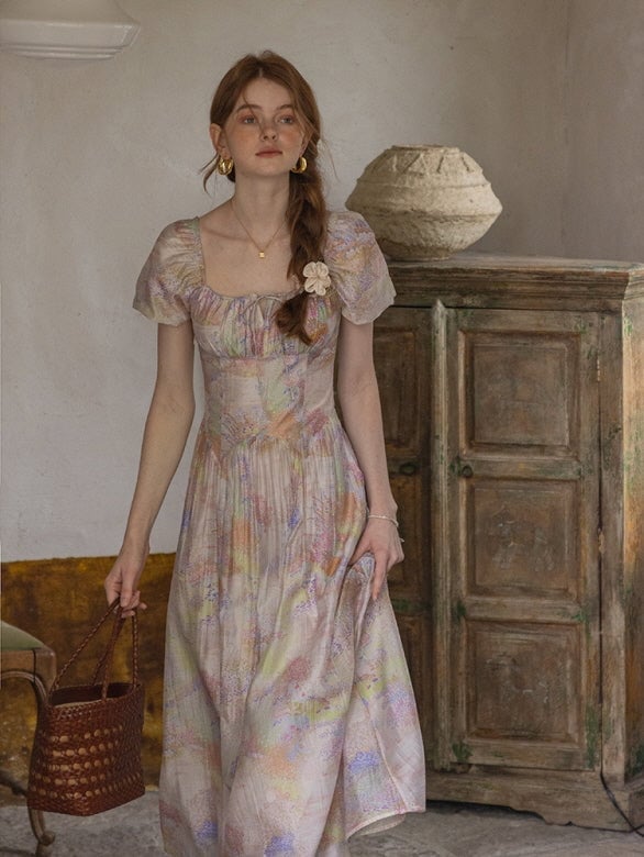 Pastel Floral Print Chiffon Fit and Flare Dress Pastel Floral Print Chiffon Fit and Flare Dress — Aesthetic Pastel Dress