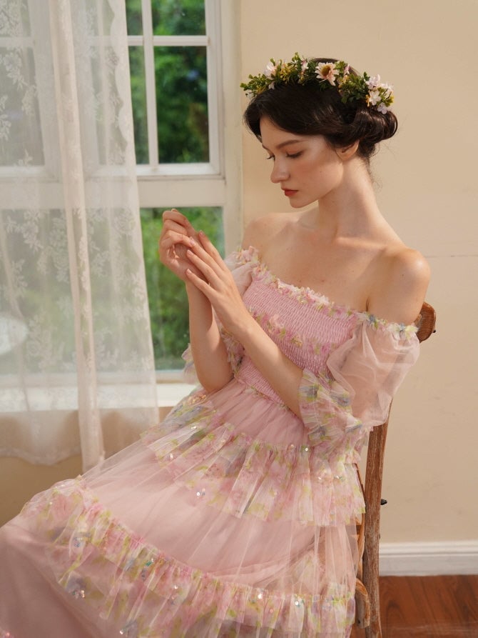Pastel Pink Tulle Floral Print Tiered Dress Pastel Pink Tulle Floral Print Tiered Dress — Aesthetic Pastel Dress
