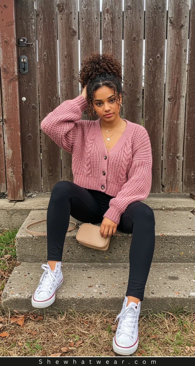 Pastel Pink Cable Knit Cropped Cardigan with Leggings Pastel Pink Cable Knit Cropped Cardigan with Leggings — Aesthetic Pink Cardigan Outfit