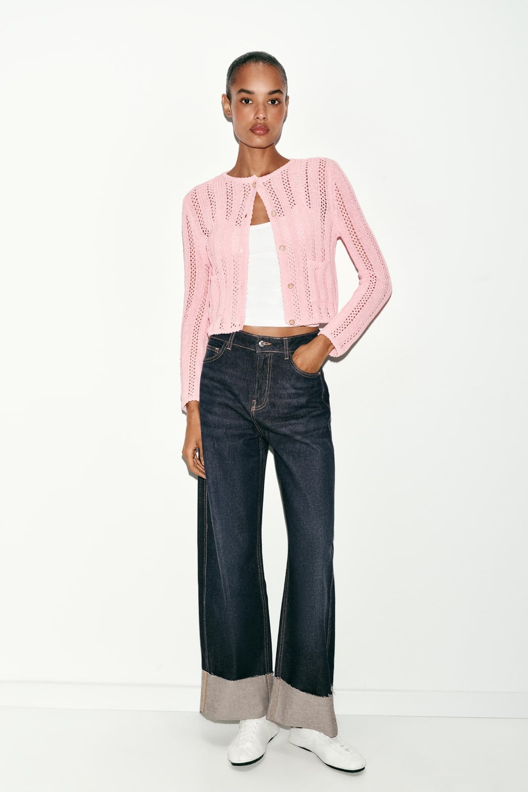 Pink Open-Knit Cardigan with Wide-Leg Jeans Pink Open-Knit Cardigan with Wide-Leg Jeans — Aesthetic Pink Cardigan Outfit