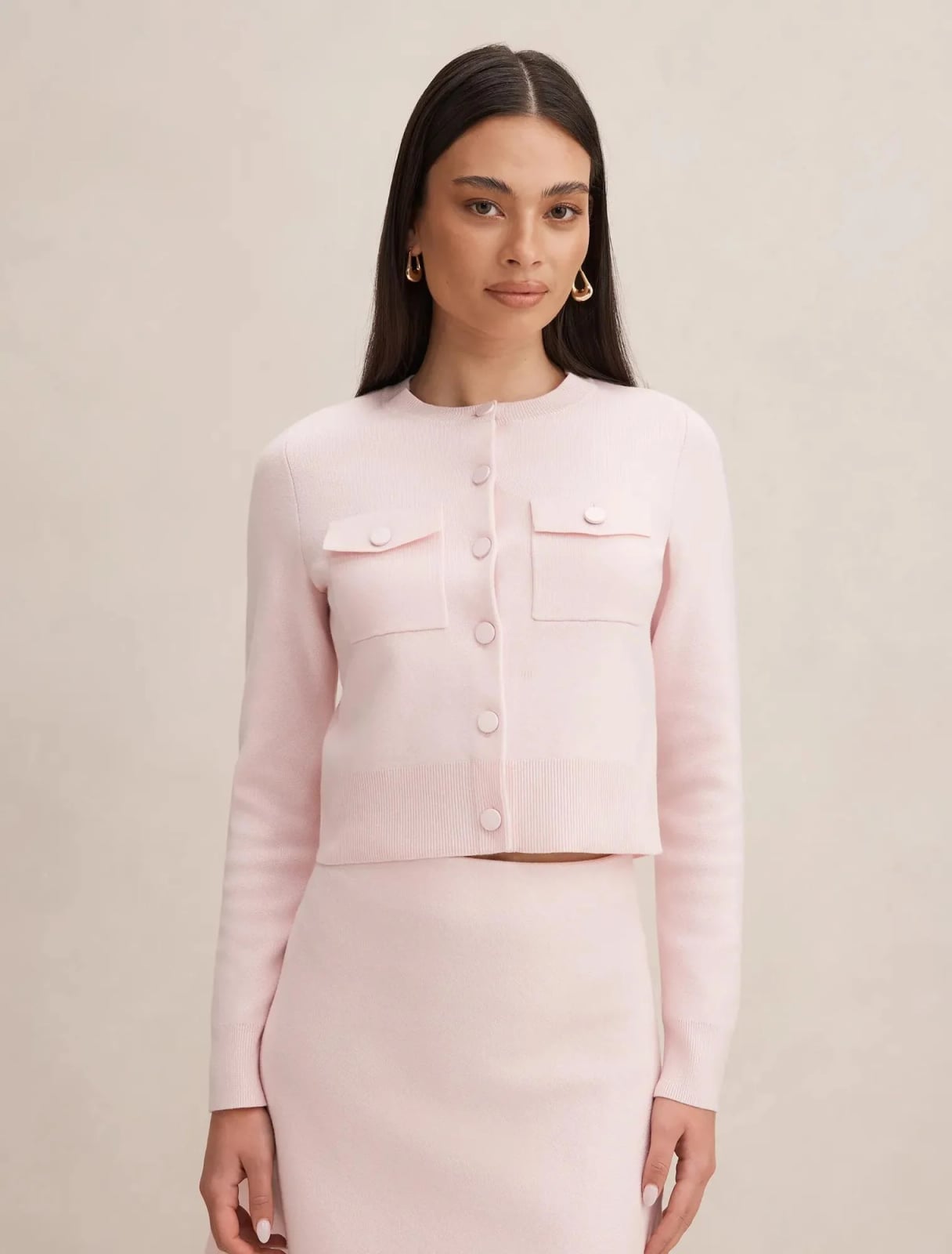 Soft Pink Cropped Cardigan with Dual Chest Pockets Soft Pink Cropped Cardigan with Dual Chest Pockets — Aesthetic Pink Cardigan Outfit