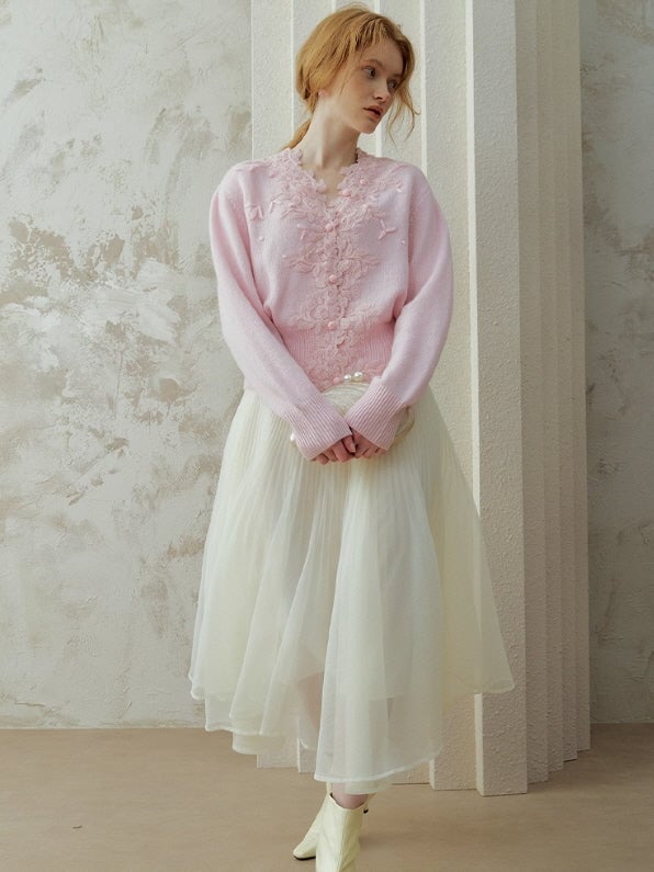 Pink Knit Lace Cardigan with Pearl Embellishments Pink Knit Lace Cardigan with Pearl Embellishments — Aesthetic Pink Cardigan Outfit