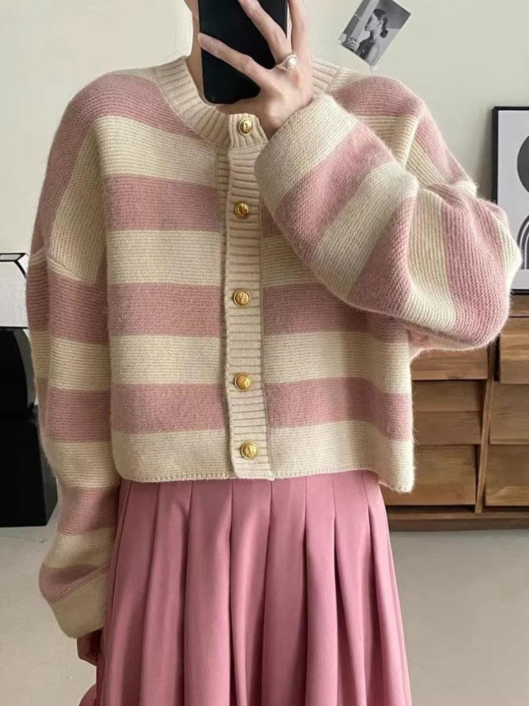 Cropped Pink and Cream Striped Chunky Knit Cardigan Cropped Pink and Cream Striped Chunky Knit Cardigan — Aesthetic Pink Cardigan Outfit