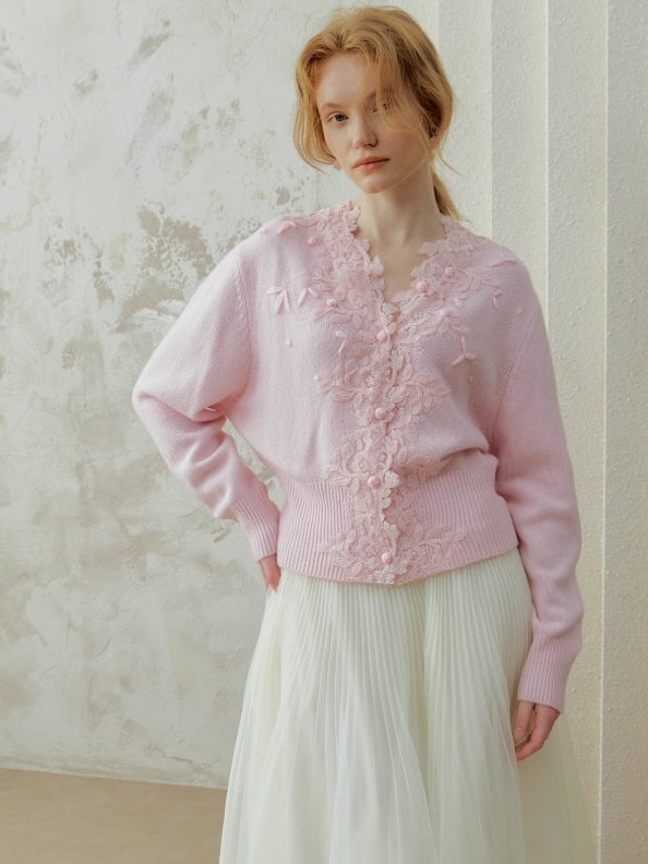 Pink Knit Lace Cardigan with Pearl Embellishments and Clutch Bag Pink Knit Lace Cardigan with Pearl Embellishments and Clutch Bag — Aesthetic Pink Cardigan Outfit