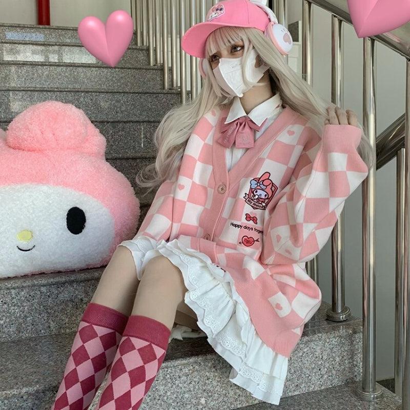 Oversized Pink Checkered Cardigan with Character Graphic Oversized Pink Checkered Cardigan with Character Graphic — Aesthetic Pink Cardigan Outfit