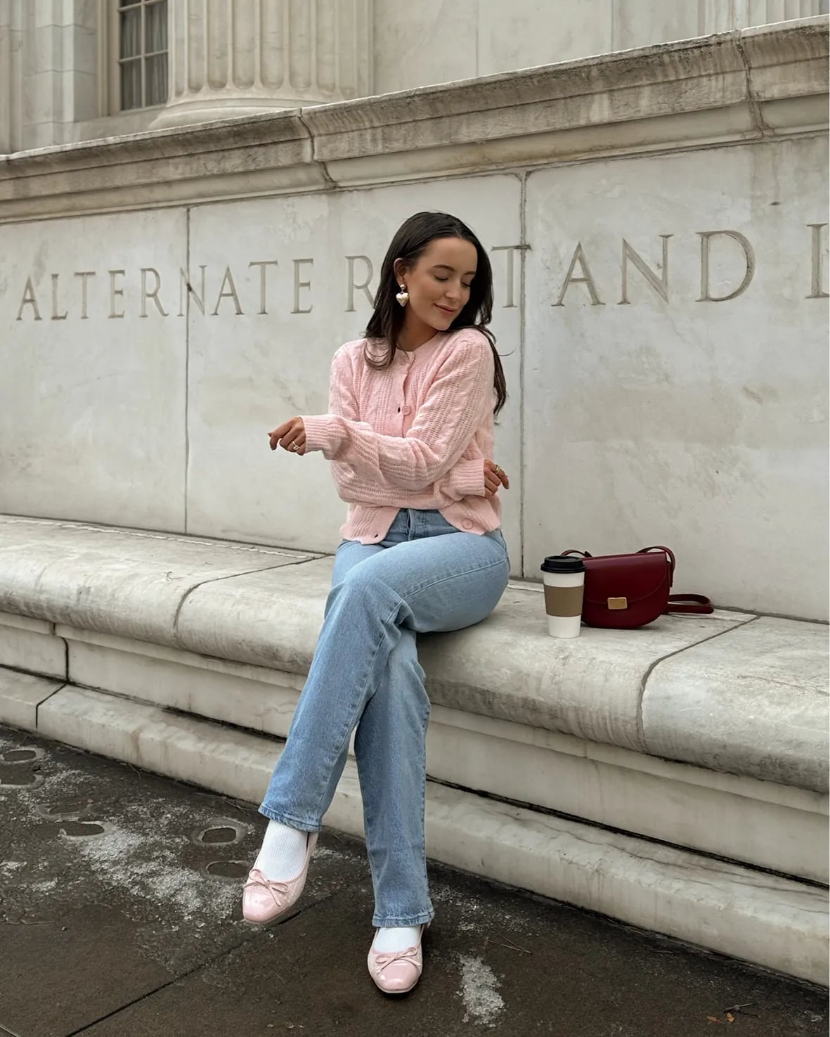 Fitted Pink Cable Knit Cardigan with Pearl Earrings Fitted Pink Cable Knit Cardigan with Pearl Earrings — Aesthetic Pink Cardigan Outfit