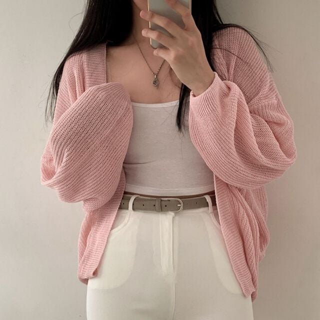 Pastel Pink Sheer Open Front Cardigan with Balloon Sleeves Pastel Pink Sheer Open Front Cardigan with Balloon Sleeves — Aesthetic Pink Cardigan Outfit
