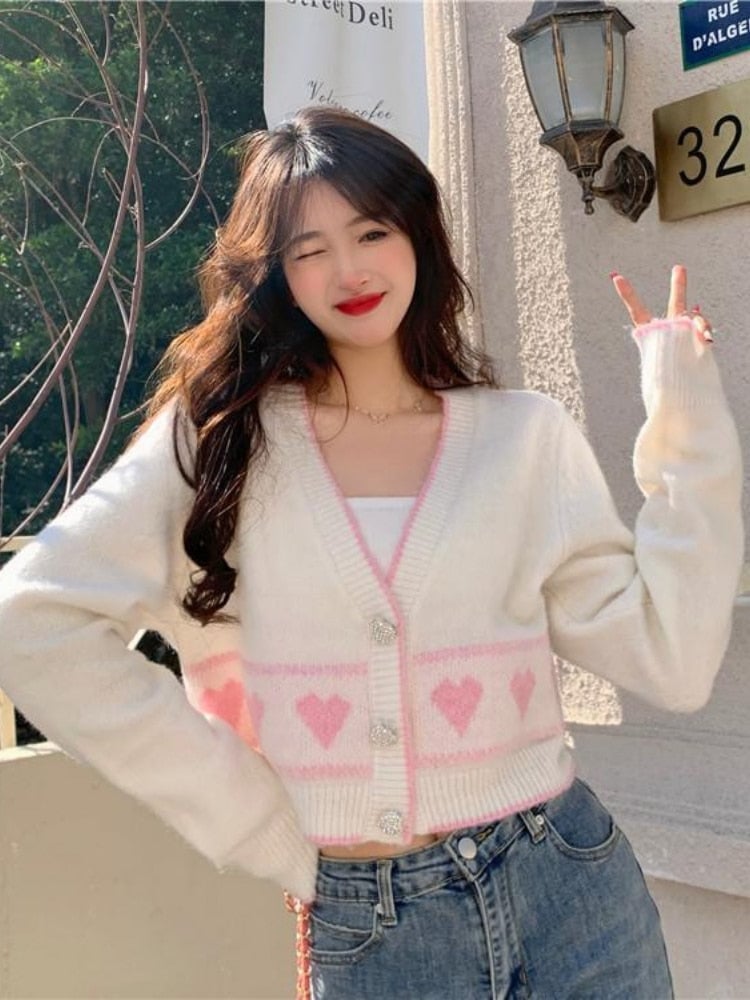 Cropped White Cardigan with Pink Trim and Heart Pattern Cropped White Cardigan with Pink Trim and Heart Pattern — Aesthetic Pink Cardigan Outfit