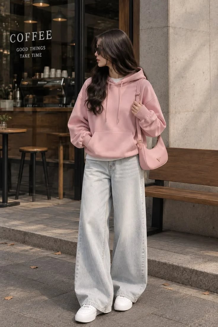 Oversized Pink Hoodie With Wide Leg Jeans — Aesthetic Pink Hoodie Outfit