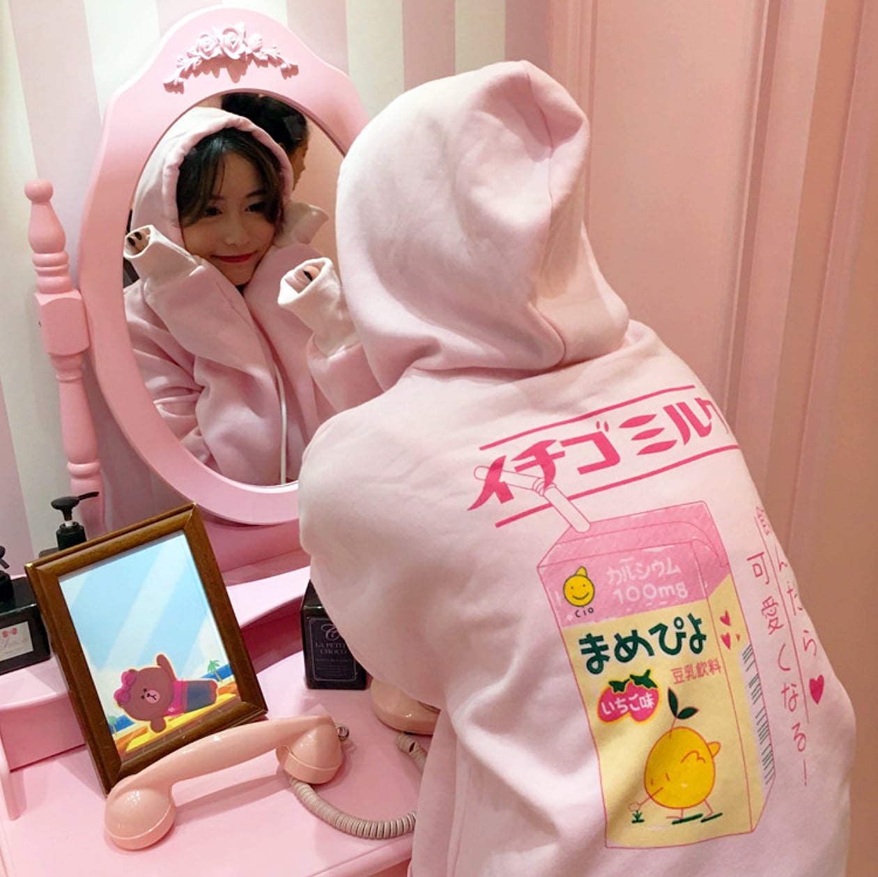 Pink Hoodie With Kawaii Milk Carton Graphic — Aesthetic Pink Hoodie Outfit