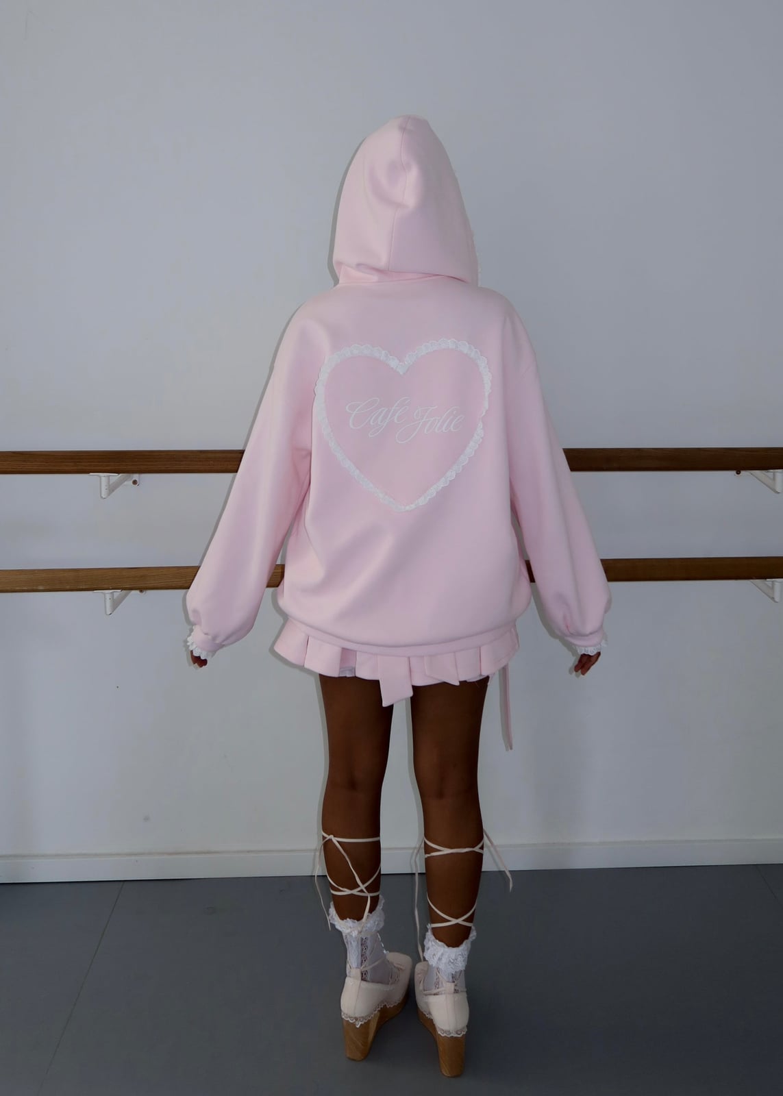Pastel Pink Hoodie With Heart Graphic and Lace Trim Skirt — Aesthetic Pink Hoodie Outfit