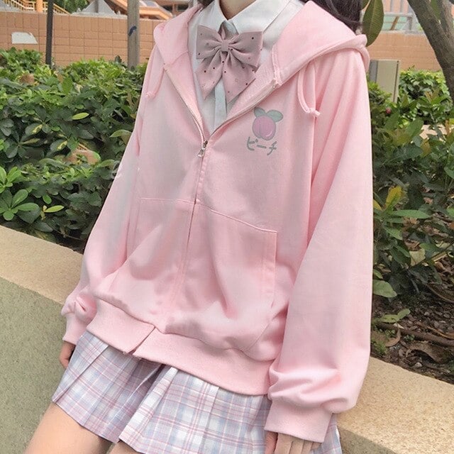 Pink Zip-Up Hoodie With Peach Graphic and Bow Tie — Aesthetic Pink Hoodie Outfit