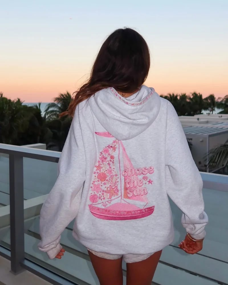 Gray Hoodie With Pink Sailboat Graphic — Aesthetic Pink Hoodie Outfit