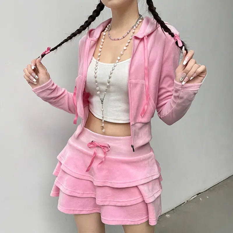 Cream Hoodie With Pink Floral Embroidery and Plaid Skirt — Aesthetic Pink Hoodie Outfit