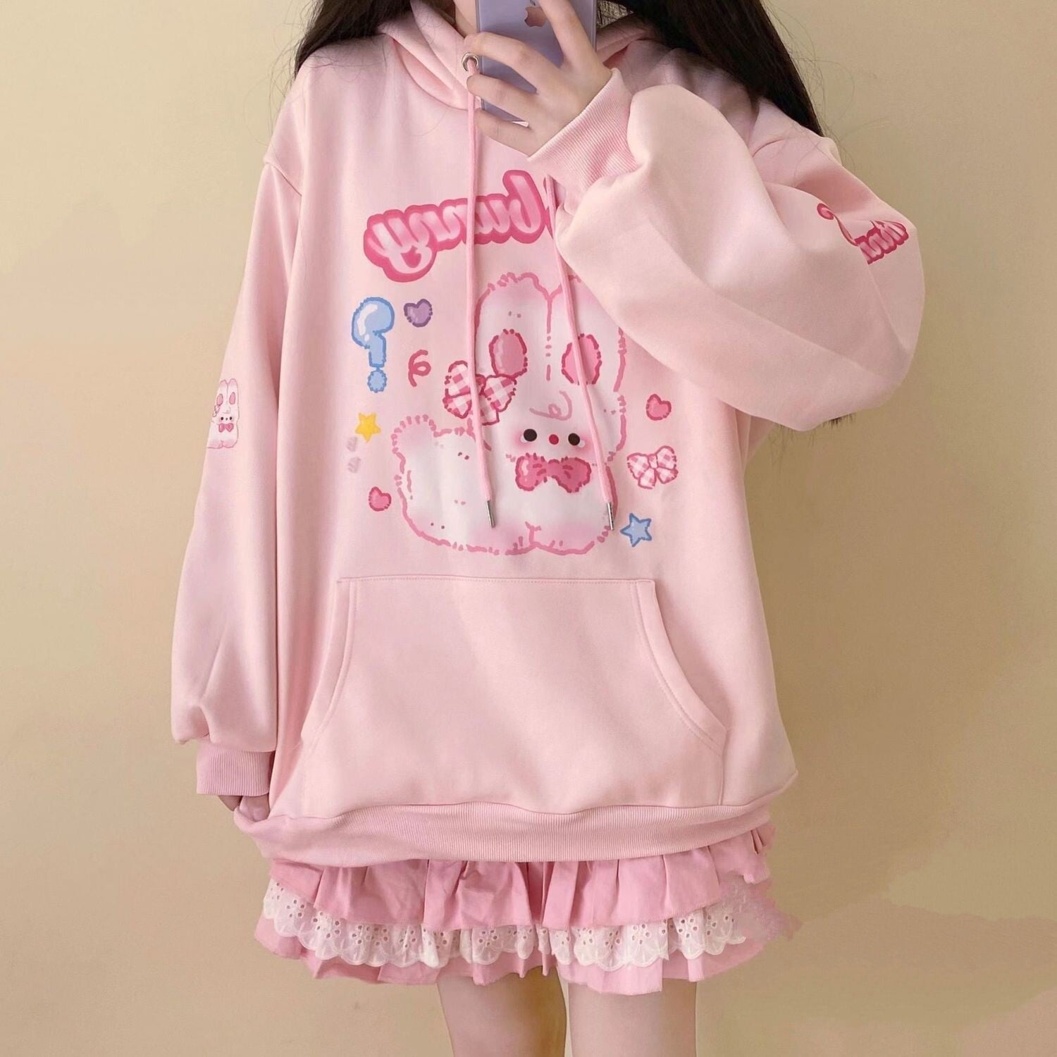 Pink Hoodie With Bunny Graphic and Lace Skirt — Aesthetic Pink Hoodie Outfit