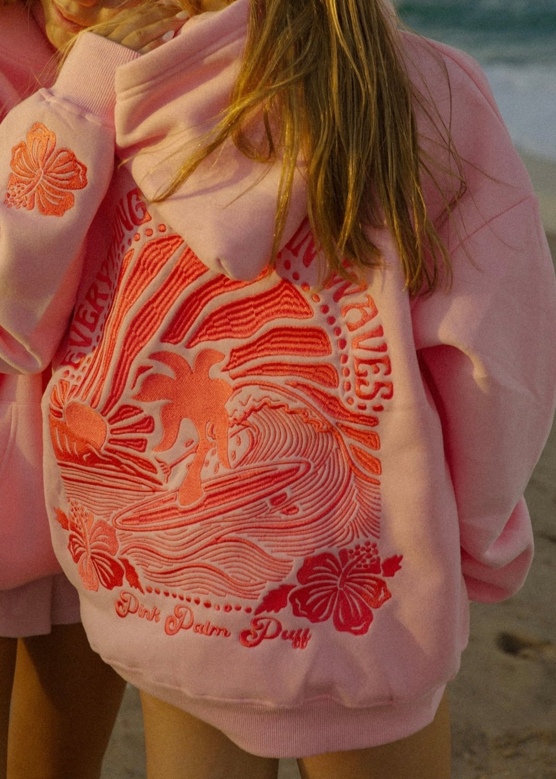 Pink Hoodies With Embroidered Graphics on Beach — Aesthetic Pink Hoodie Outfit