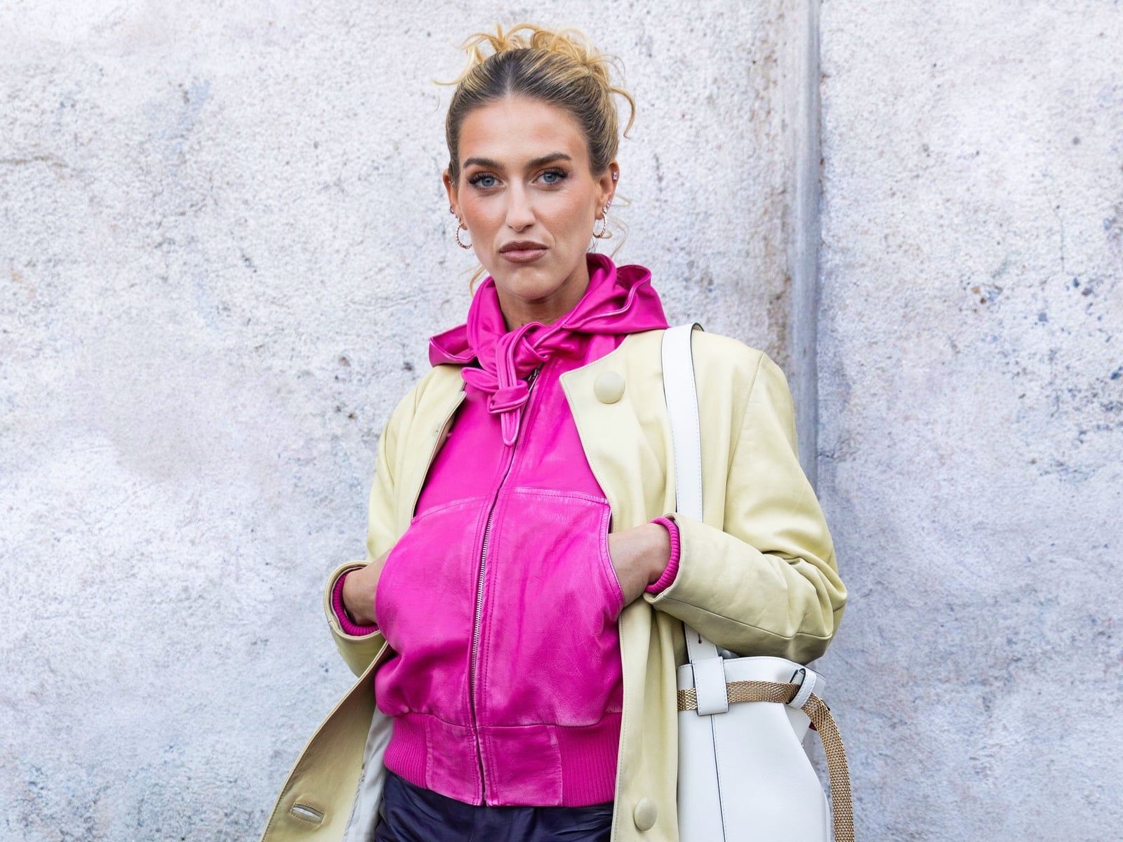 Pink Zip-Up Hoodie Under Beige Leather Trench Coat — Aesthetic Pink Hoodie Outfit