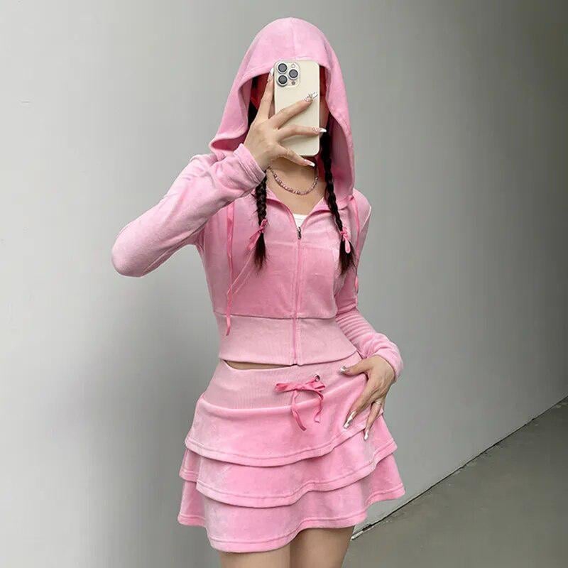 Cream Hoodie With Pink Embroidery and Plaid Mini Skirt and Hair Clips — Aesthetic Pink Hoodie Outfit