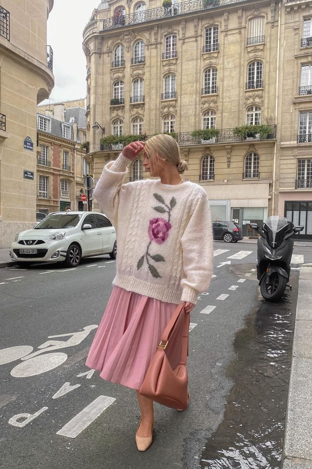 Soft Pink Pleated Midi Skirt With Cream Cable Knit Soft Pink Pleated Midi Skirt With Cream Cable Knit — Aesthetic Pink Skirt Outfit