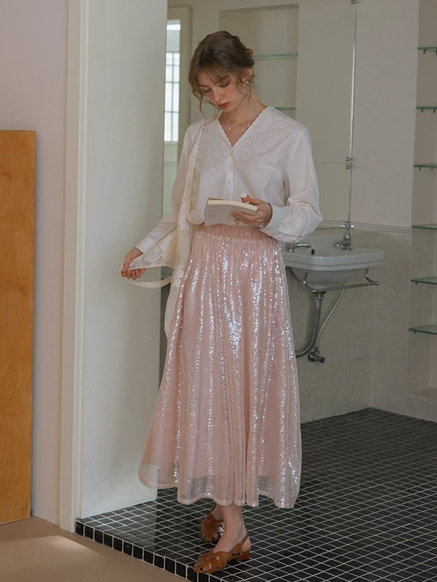 Blush Pink Sequined Tulle A-Line Skirt Blush Pink Sequined Tulle A-Line Skirt — Aesthetic Pink Skirt Outfit