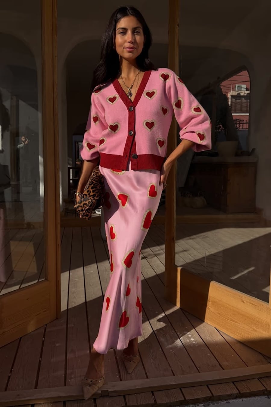 Pink Satin Midi Skirt With Heart Print Cardigan Pink Satin Midi Skirt With Heart Print Cardigan — Aesthetic Pink Skirt Outfit