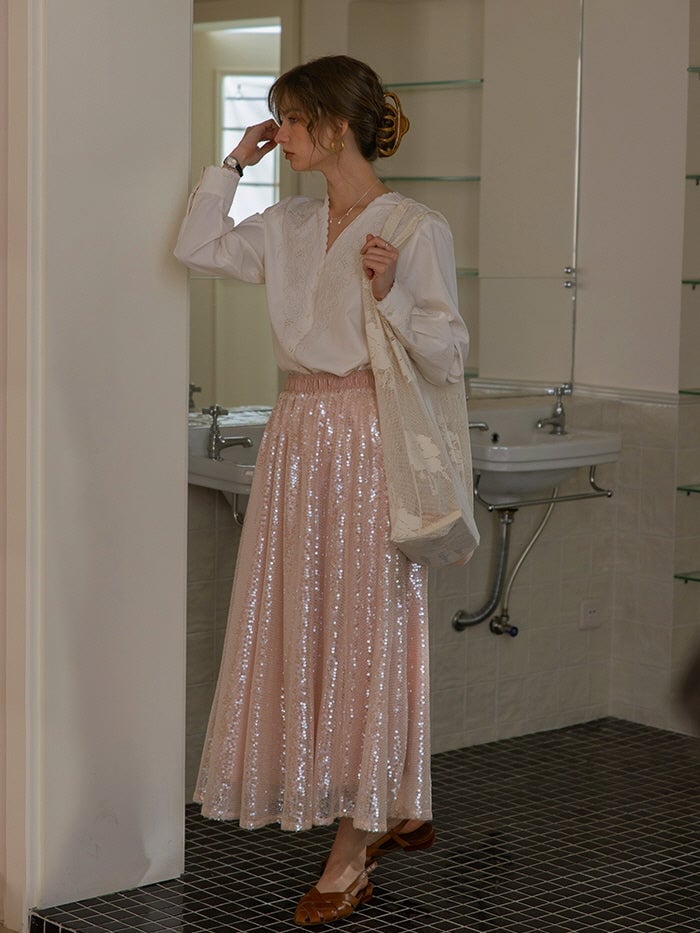 Blush Pink Sequined Maxi Skirt With Embroidered Blouse Blush Pink Sequined Maxi Skirt With Embroidered Blouse — Aesthetic Pink Skirt Outfit