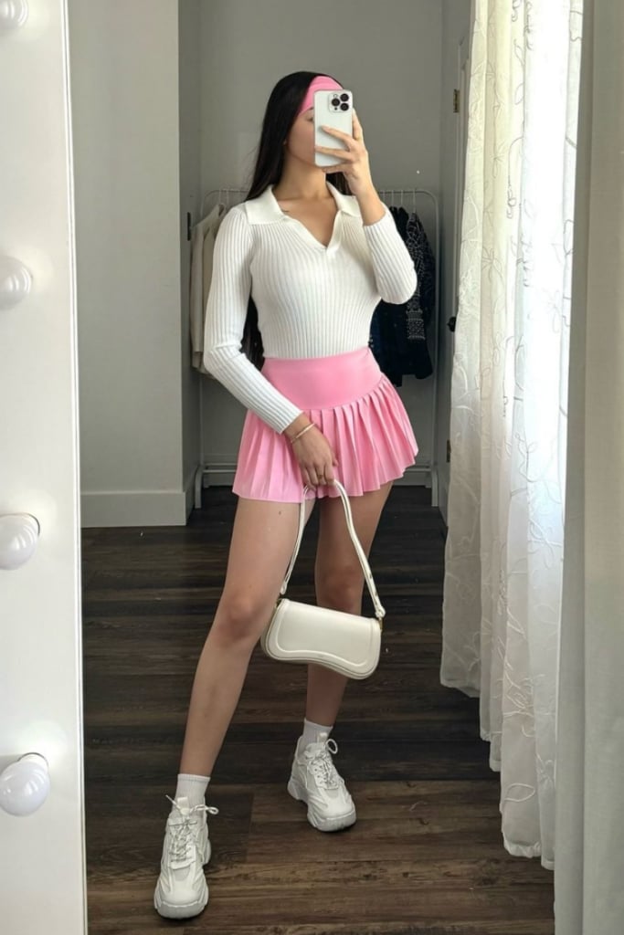 Vibrant Pink Pleated Mini Skirt With Collared Top Vibrant Pink Pleated Mini Skirt With Collared Top — Aesthetic Pink Skirt Outfit