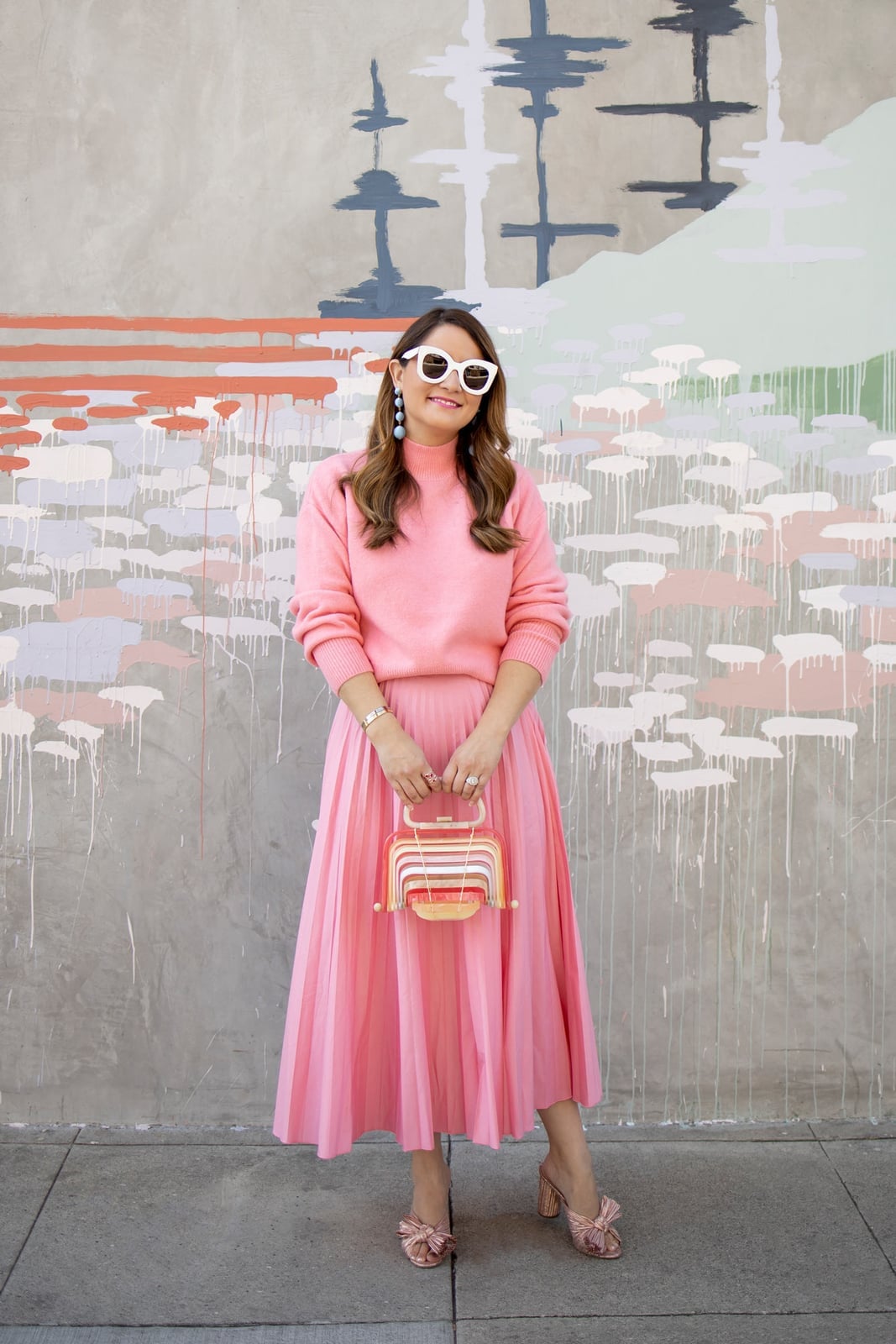 Full Length Pink Pleated Midi Skirt With Crewneck Sweater Full Length Pink Pleated Midi Skirt With Crewneck Sweater — Aesthetic Pink Skirt Outfit