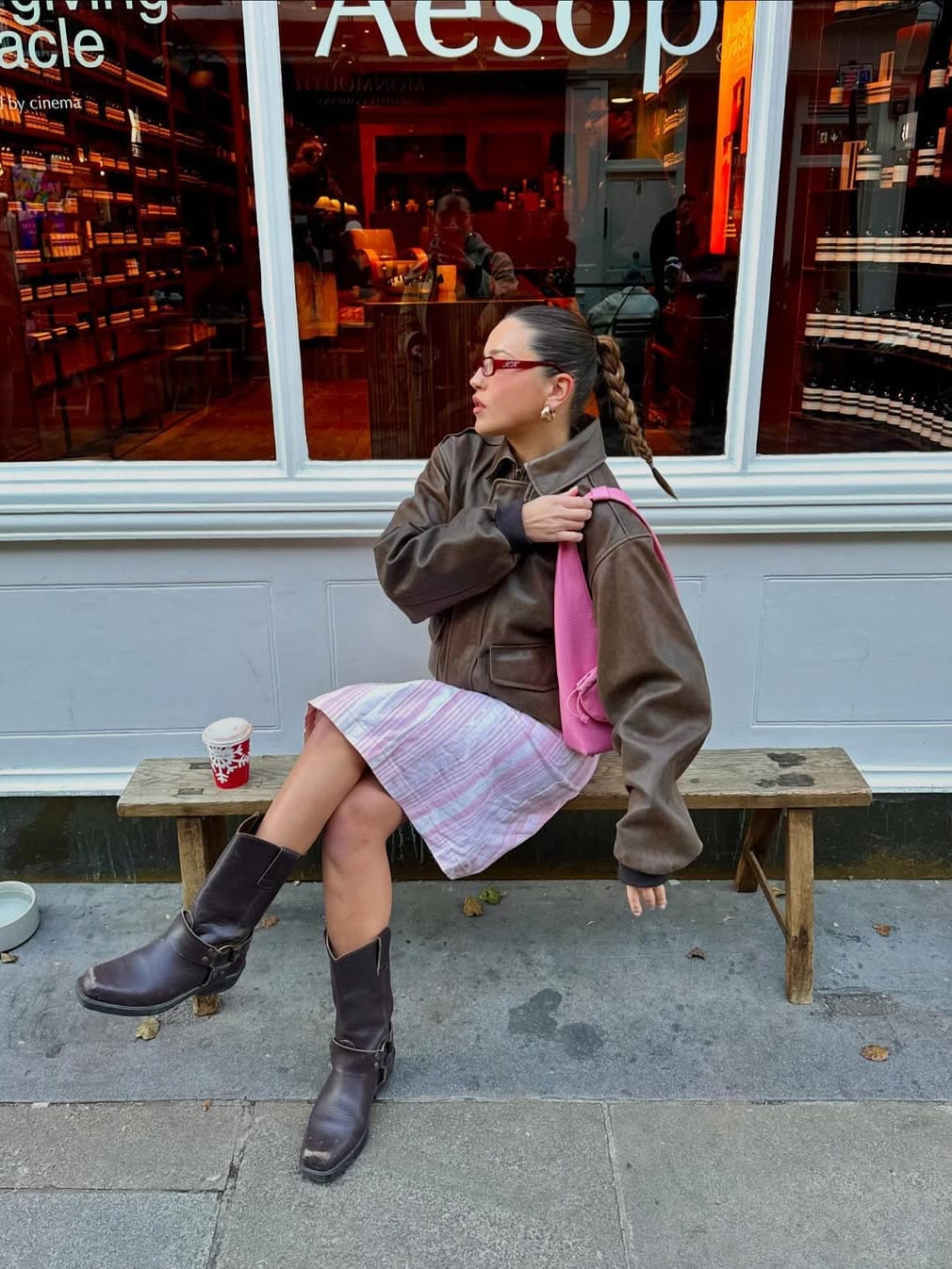 Pink And White Striped Mini Skirt With Leather Jacket Pink And White Striped Mini Skirt With Leather Jacket — Aesthetic Pink Skirt Outfit