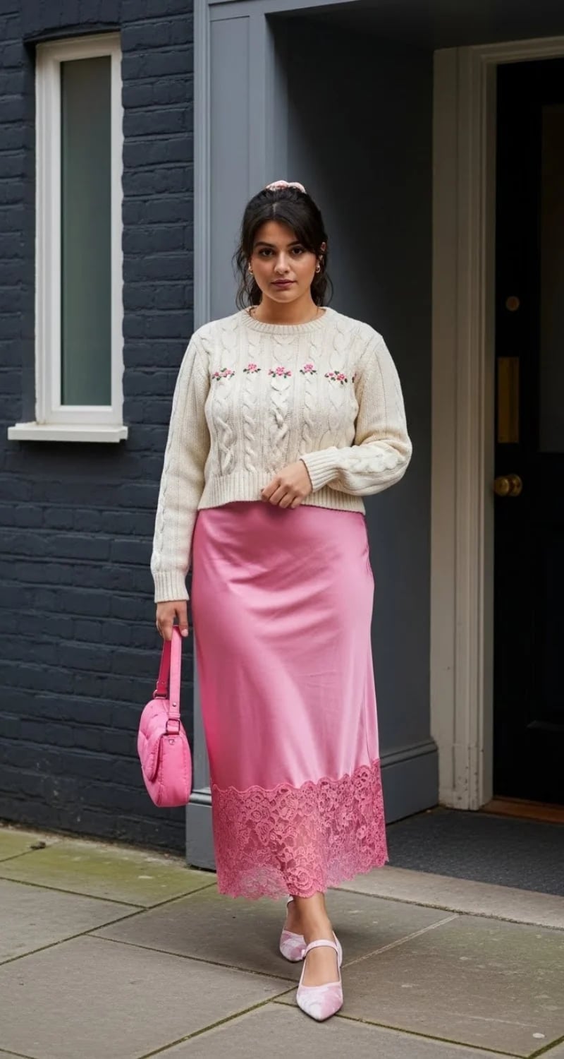 Pink Satin Midi Skirt With Cream Cable Knit Sweater Pink Satin Midi Skirt With Cream Cable Knit Sweater — Aesthetic Pink Skirt Outfit
