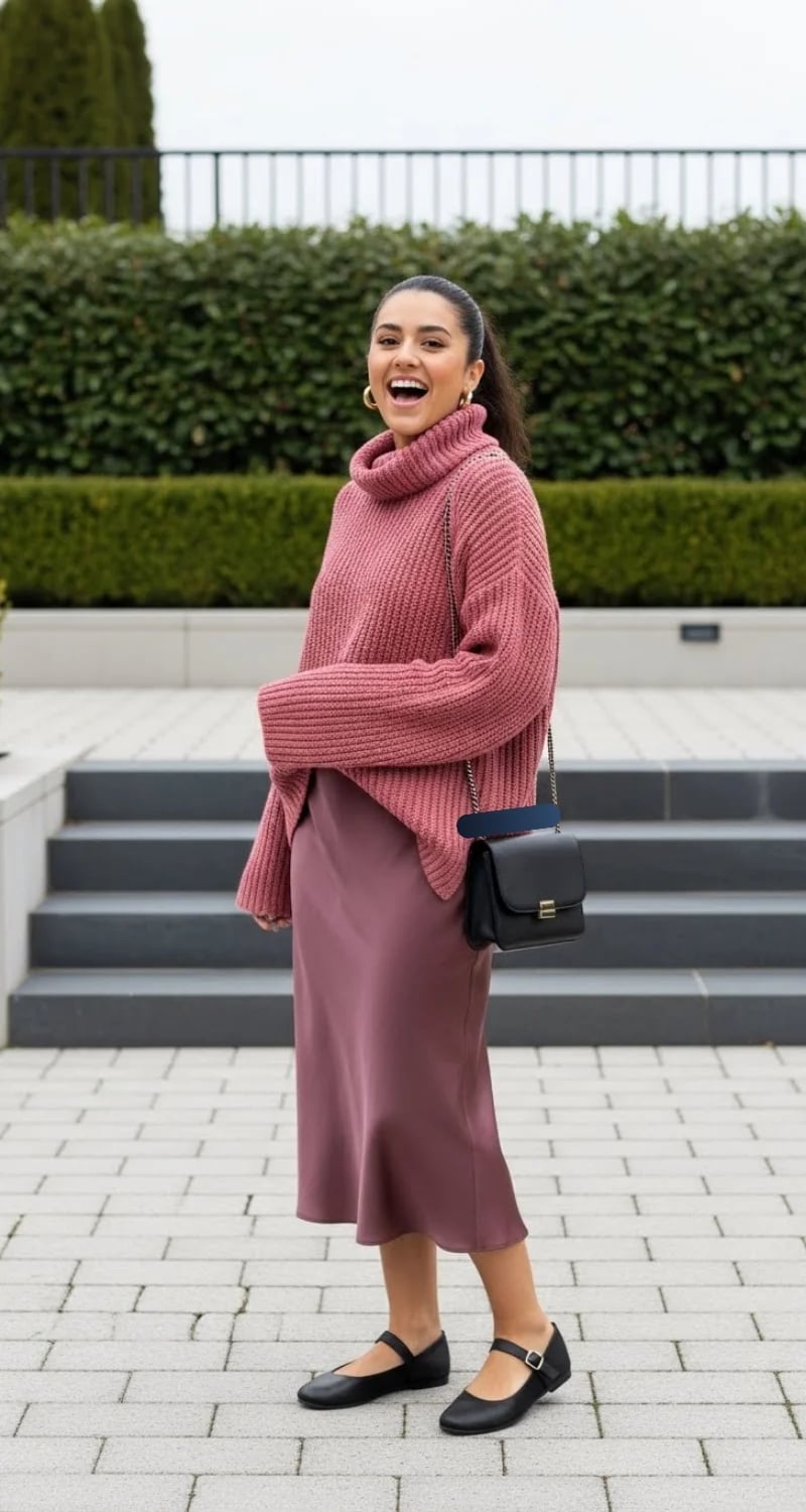 Mauve Satin Midi Skirt With Pink Turtleneck Sweater, Close-Up Take Mauve Satin Midi Skirt With Pink Turtleneck Sweater, Close-Up Take — Aesthetic Pink Skirt Outfit