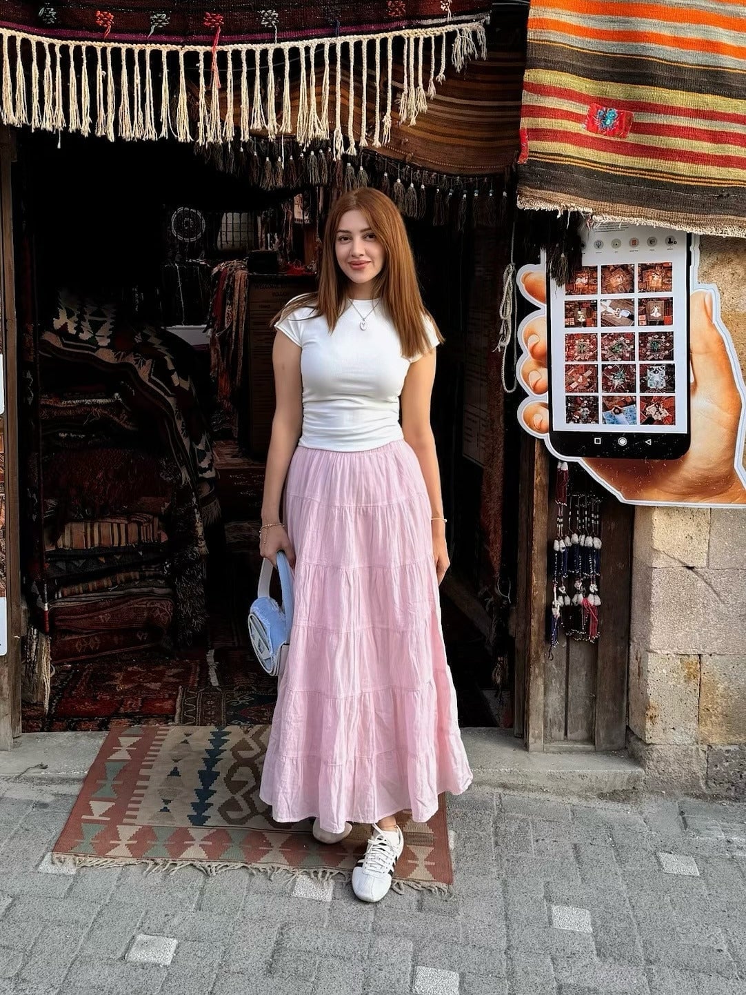 Tiered Pink Maxi Skirt With White T-Shirt Tiered Pink Maxi Skirt With White T-Shirt — Aesthetic Pink Skirt Outfit