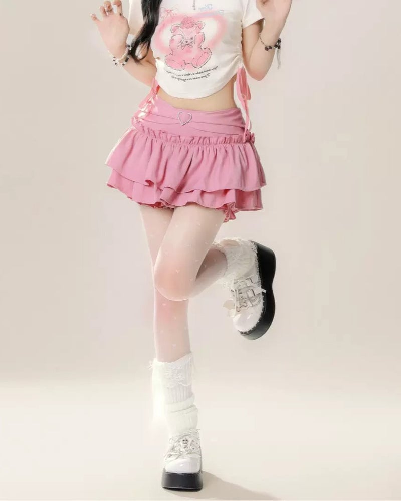 Pink Ruffled Mini Skirt With White Cropped Top Pink Ruffled Mini Skirt With White Cropped Top — Aesthetic Pink Skirt Outfit