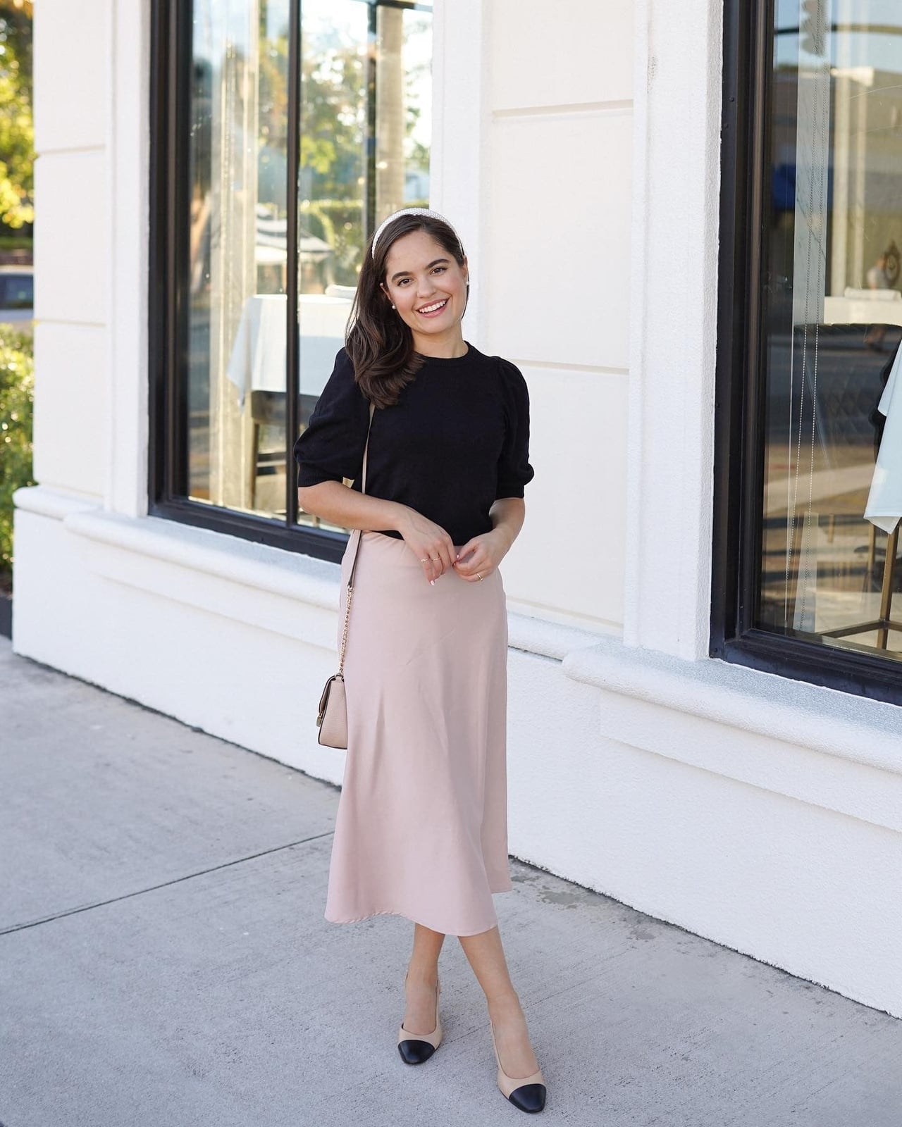 Pale Pink Satin Midi Skirt With Black Puff-Sleeve Top Pale Pink Satin Midi Skirt With Black Puff-Sleeve Top — Aesthetic Pink Skirt Outfit