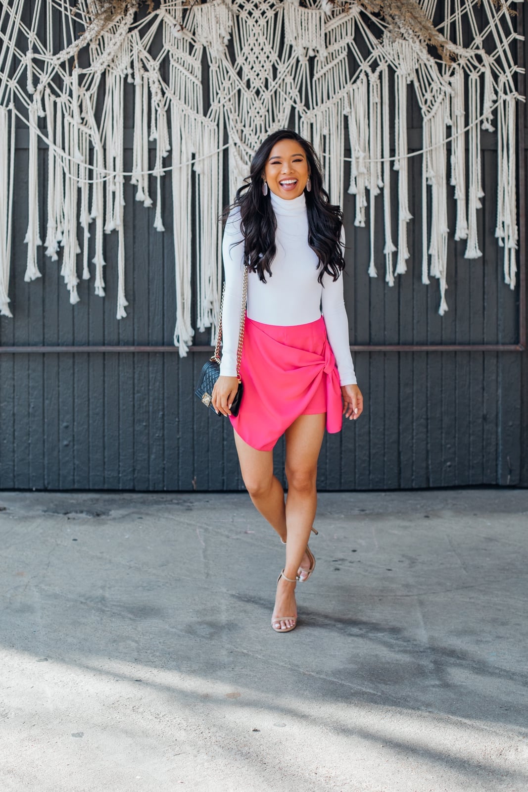 Bright Pink Asymmetrical Wrap Mini Skirt Bright Pink Asymmetrical Wrap Mini Skirt — Aesthetic Pink Skirt Outfit