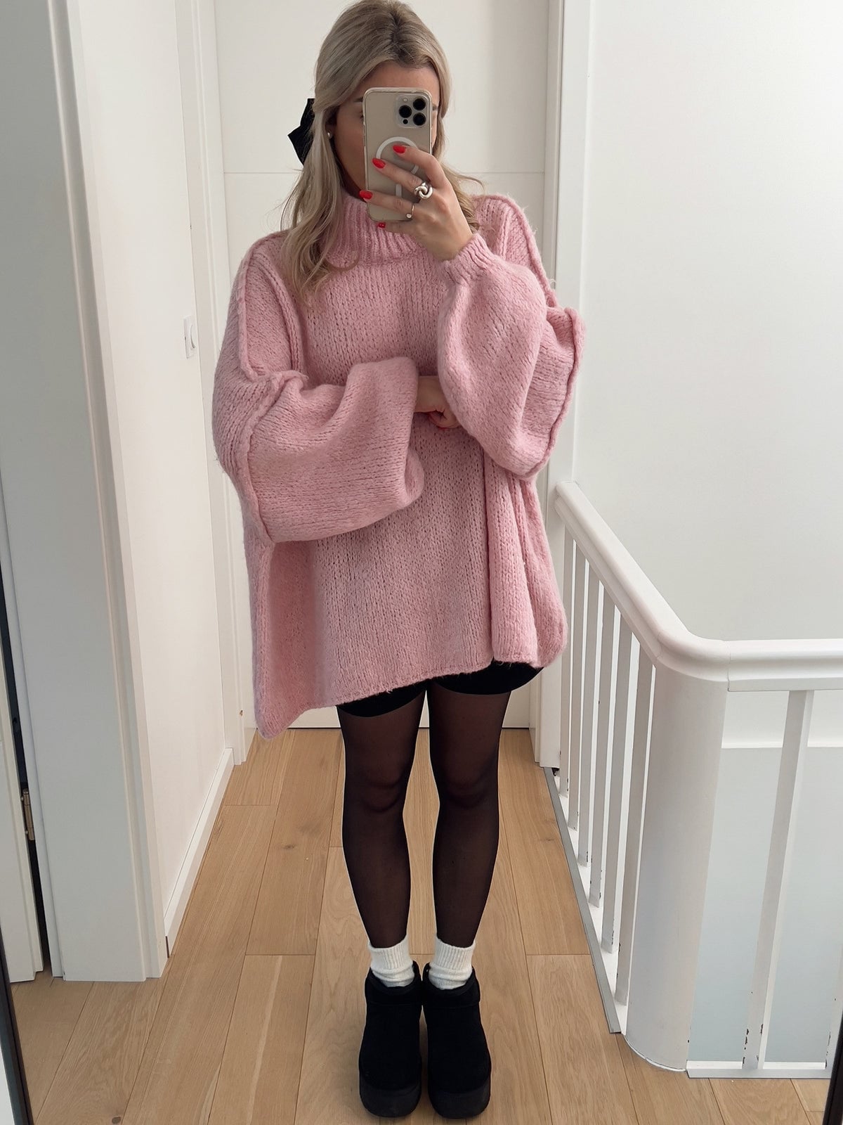 Pastel Pink Sweater with Opaque Tights Pastel Pink Sweater with Opaque Tights — Aesthetic Pink Sweater Outfit