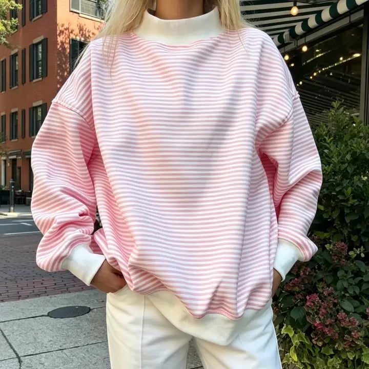 Pink and White Striped Sweatshirt with Mock Neck Pink and White Striped Sweatshirt with Mock Neck — Aesthetic Pink Sweater Outfit