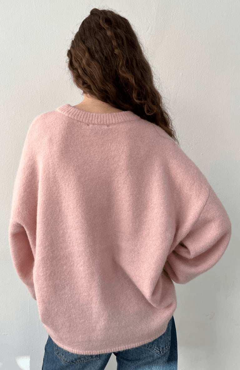 Soft Pastel Pink Knit Sweater Back Detail Soft Pastel Pink Knit Sweater Back Detail — Aesthetic Pink Sweater Outfit