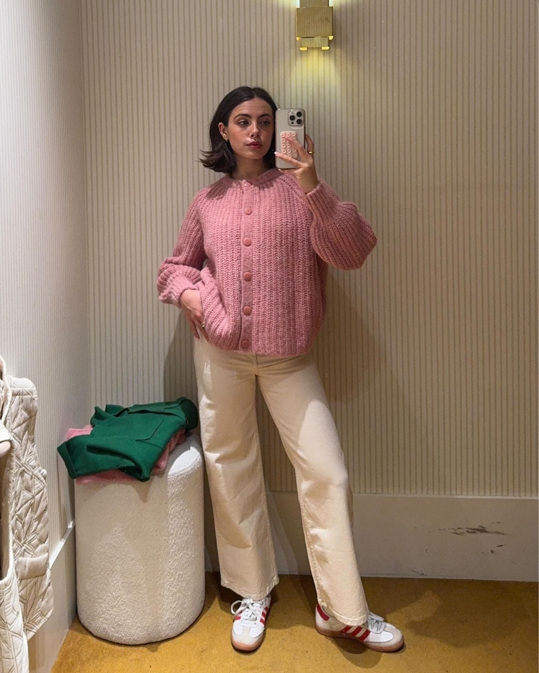 Pink Chunky Knit Cardigan with Cream Pants Pink Chunky Knit Cardigan with Cream Pants — Aesthetic Pink Sweater Outfit