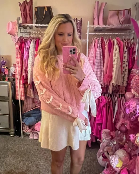 Pink Cable Knit Sweater with Bow Details and Skirt Pink Cable Knit Sweater with Bow Details and Skirt — Aesthetic Pink Sweater Outfit