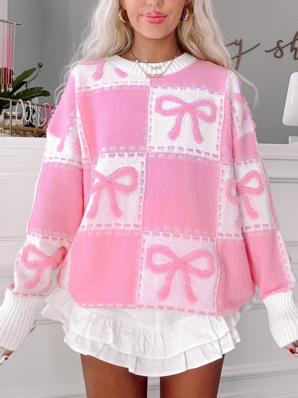Pink and White Checkered Sweater with Ruffled Skirt Pink and White Checkered Sweater with Ruffled Skirt — Aesthetic Pink Sweater Outfit