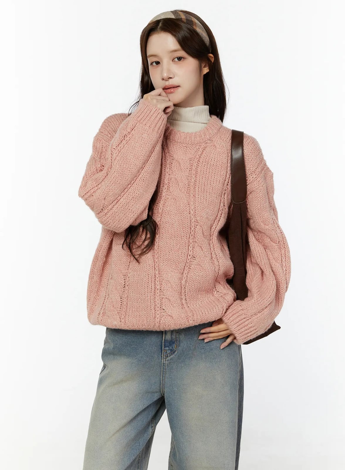 Pink Cable Knit Sweater Over Cream Turtleneck with Denim Pink Cable Knit Sweater Over Cream Turtleneck with Denim — Aesthetic Pink Sweater Outfit
