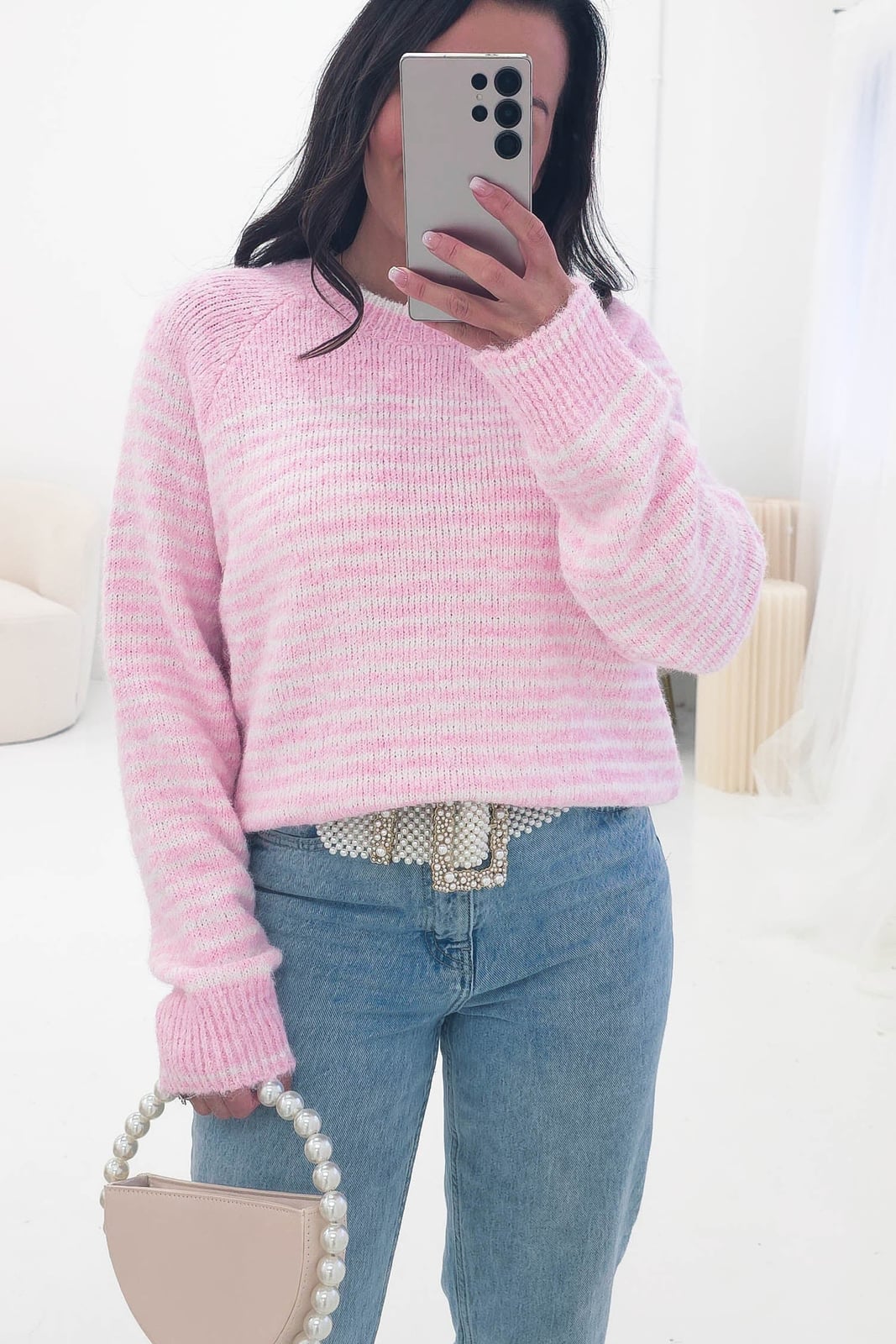 Fitted Pink and White Striped Sweater with Pearl Accessories Fitted Pink and White Striped Sweater with Pearl Accessories — Aesthetic Pink Sweater Outfit