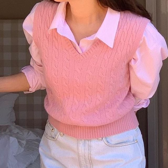 Pink Cable-Knit Sweater Vest Over Collared Shirt Pink Cable-Knit Sweater Vest Over Collared Shirt — Aesthetic Pink Sweater Outfit