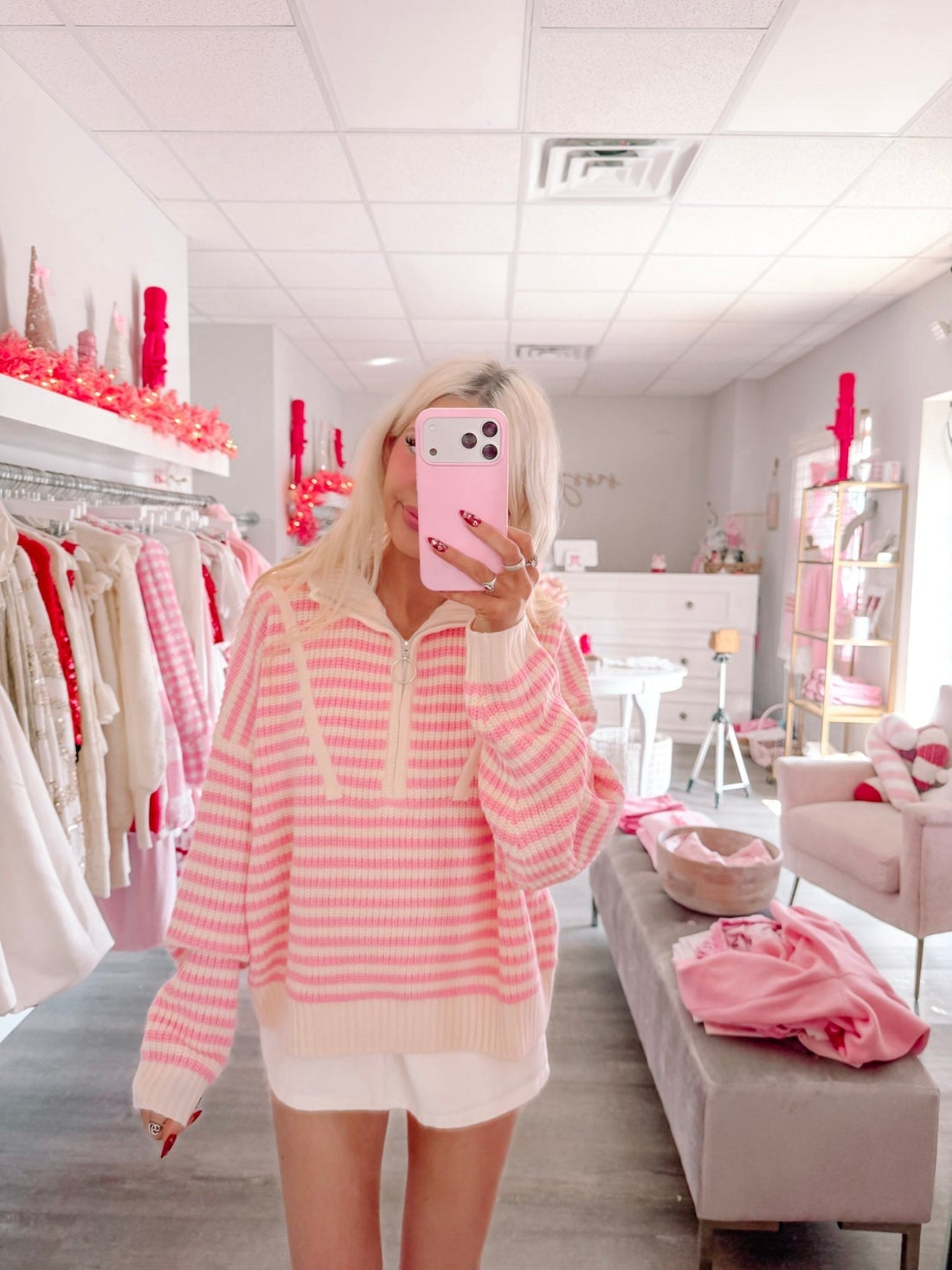 Oversized Striped Knit Sweater with Quarter Zip Oversized Striped Knit Sweater with Quarter Zip — Aesthetic Pink Sweater Outfit