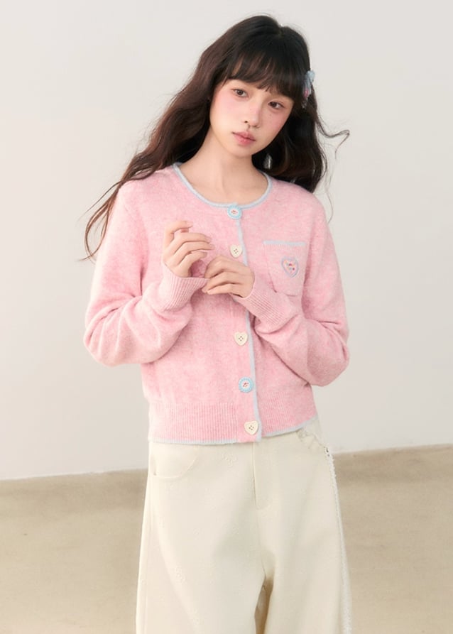 Fitted Pink Chunky Knit Cardigan with Trim Fitted Pink Chunky Knit Cardigan with Trim — Aesthetic Pink Sweater Outfit
